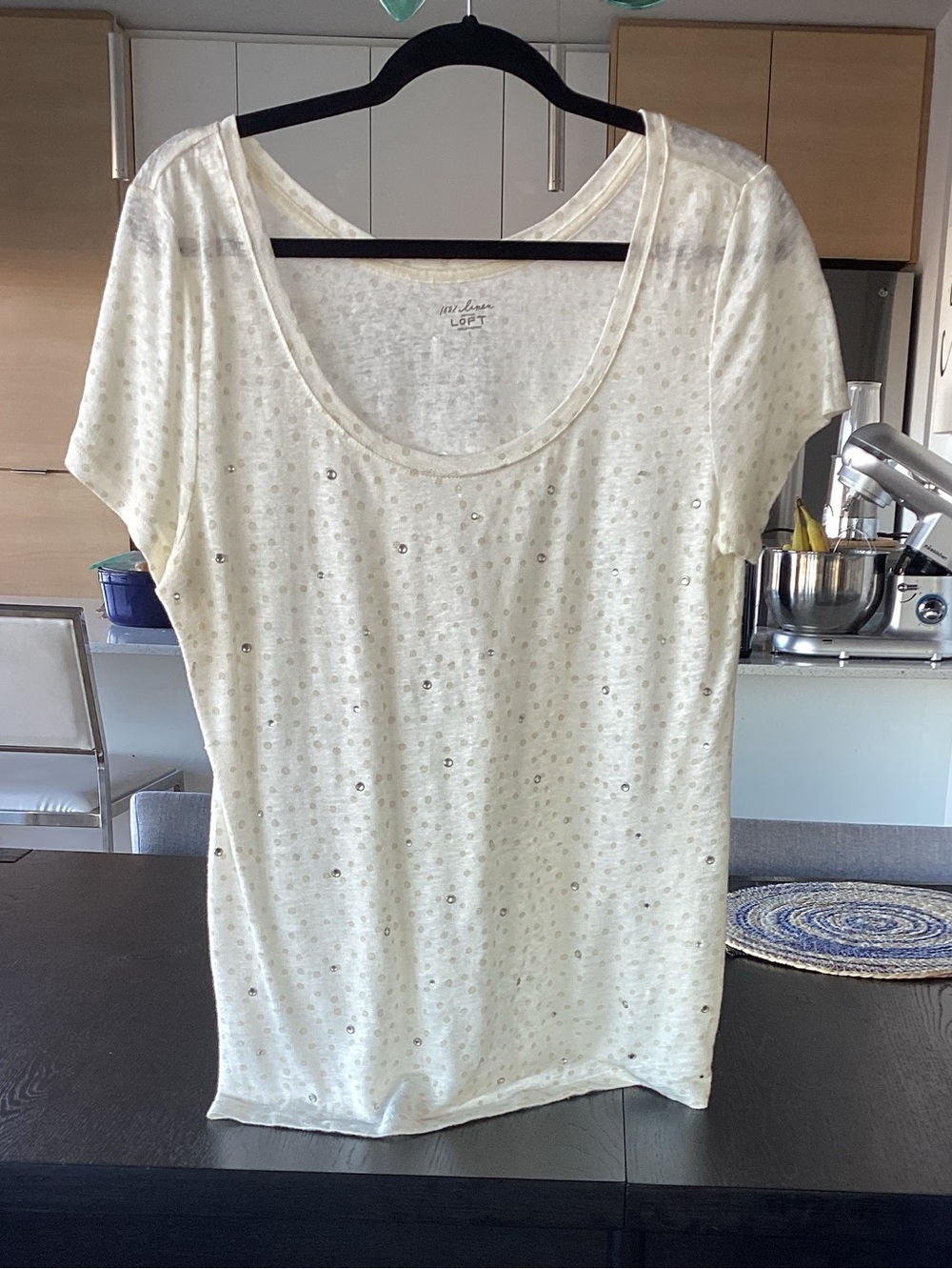 LOFT Cream Scoop Neck Short Sleeve Sequin Top. 100% Linen.